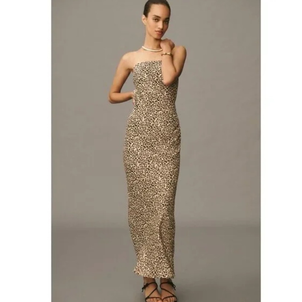 Anthropologie The Fleur Strapless Satin Maxi Slip Dress Cheetah Leopard Size XS